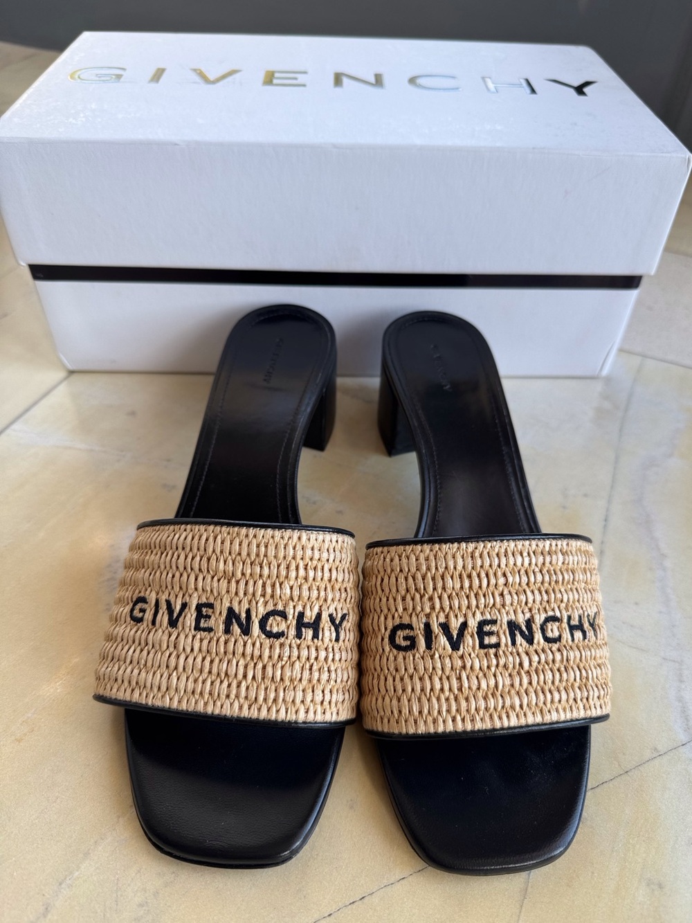 Givenchy Black Logo Raffia Slide Heel Sandals 39